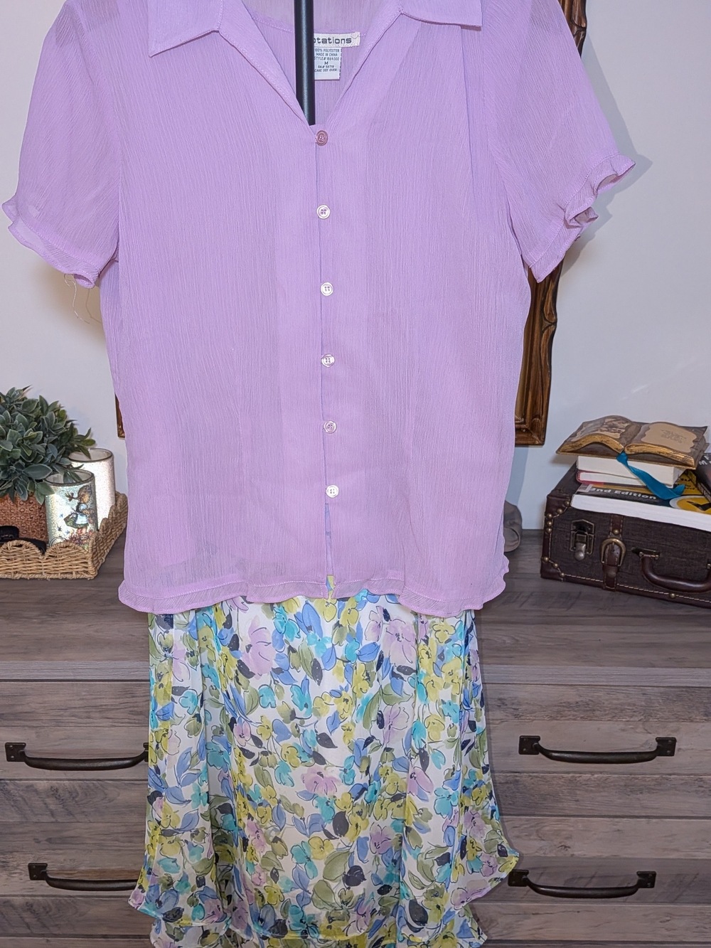 Notations 3 Piece Skirt Set Medium Purple Button Top Floral Skirt